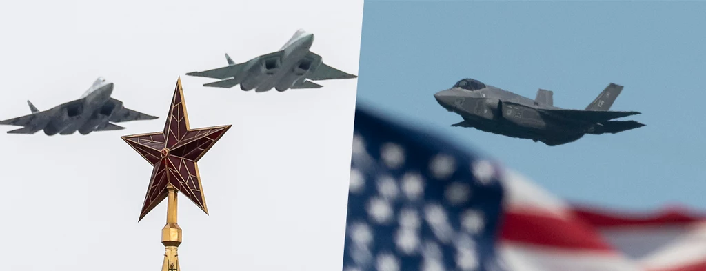 Su-57 kontra  F-35 - który jest lepszy? Fot. Grigory Dukor/TASS/Getty Images i Yichuan Cao/NurPhoto/Getty Images