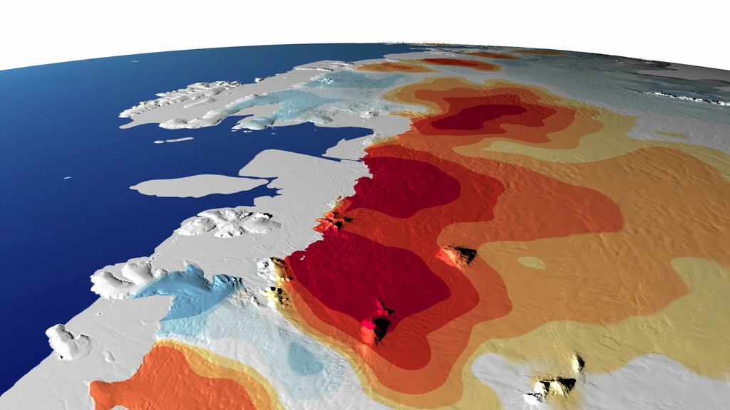 Zachodnią część Antarktyki. Na czerwono zaznaczono miejsca, gdzie w latach 1993 - 2018 ubyło najwięcej lodu, na niebiesko - te, gdzie go przybyło