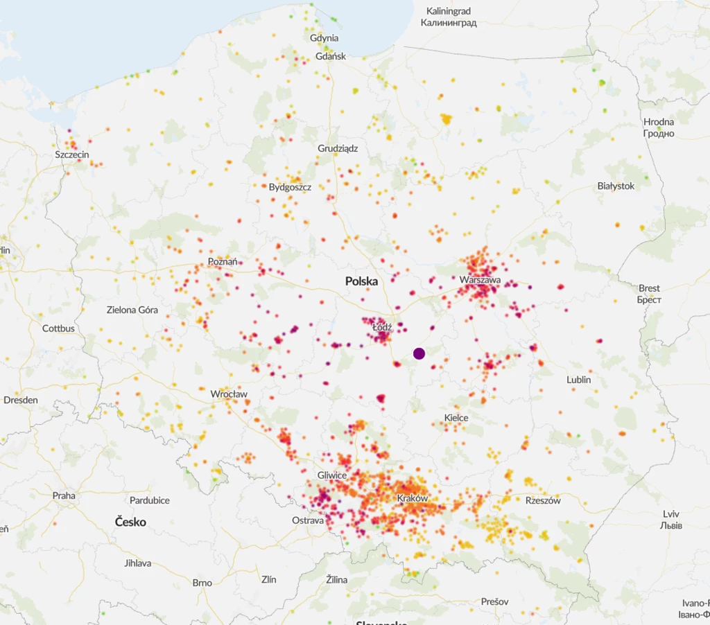 Mapa zanieczyszczeń powietrza Polski, stan na godz. 8:30