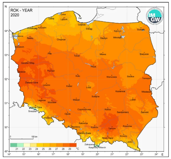 Temperatury ekstremalne w Polsce w 2020 r. 