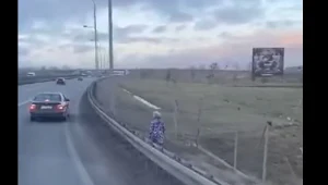 Screen z nagrania na Facebooku. Widać, jak dziecko idzie za samochodem jadącym na światłach awaryjnych.