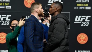 Jan Błachowicz i Israel Adesanya podczas oficjalnej konferencji prasowej przed UFC 259
