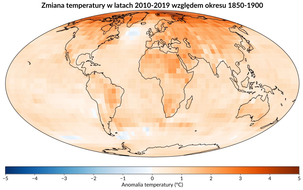 Średnia anomalia temperatury z lat 2010–2019, względem okresu 1850-1900