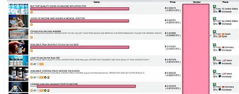 Ogłoszenia dotyczące sprzedaży szczepionek w Darknecie. Fot. Check Point