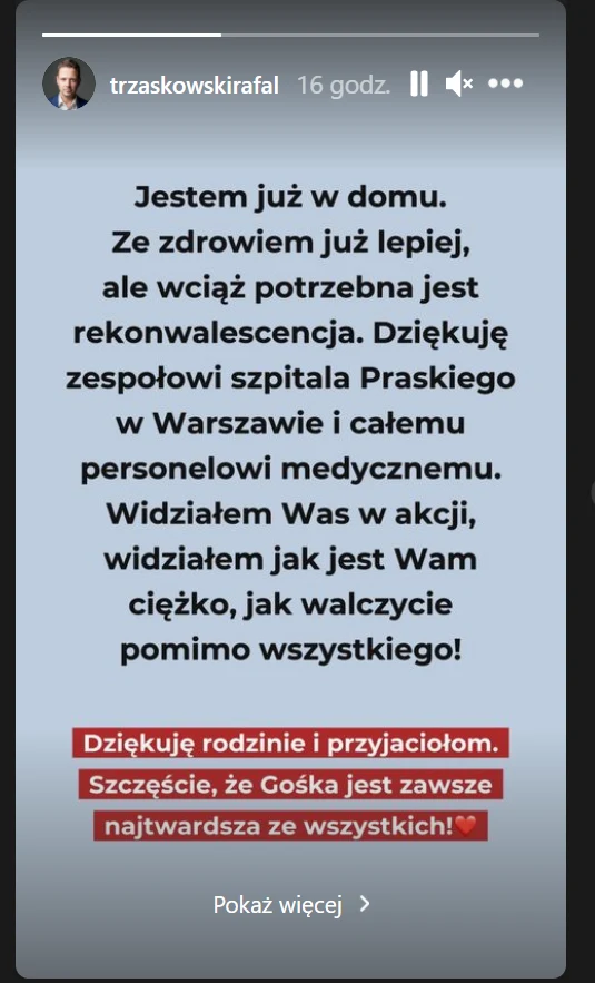 Rafał Trzaskowski na InstaStroy poinformował o tym, że wyszedł ze szpitala - https://www.instagram.com/trzaskowskirafal/?hl=pl Rafał Trzaskowski na InstaStroy poinformował o tym, że wyszedł ze szpitala - https://www.instagram.com/trzaskowskirafal/?hl=pl
