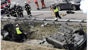 Funkcjonariusze policji i straży pożarnej badają miejsce wypadku