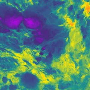 Widok w podczerwieni VIIRS na burze w pobliżu Nauru 29 grudnia 2018 roku. Najzimniejsze partie chmur są fioletowe, podczas gdy ciepły Pacyfik jest pomarańczowy