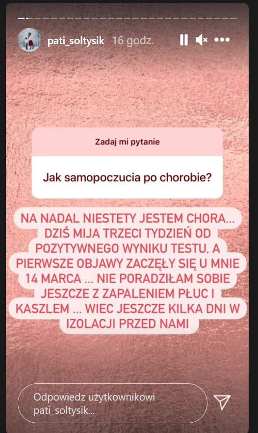 Patrycja Sołtysik wyjawiła na Instagramie, jak się czuje. Screen pochodzi z https://www.instagram.com/pati_soltysik/?hl=pl