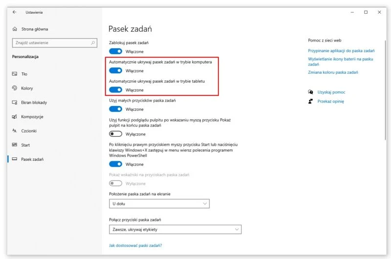 Jak schować pasek zadań