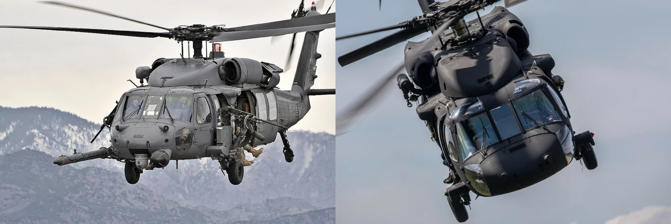 Dwa śmigłowce dla wojsk specjalnych. Po lewej amerykański HH-60G Pave Hawk. Po prawej polski S-70i. Różnice widać gołym okiem Dwa śmigłowce dla wojsk specjalnych. Po lewej amerykański HH-60G Pave Hawk. Po prawej polski S-70i. Różnice widać gołym okiem