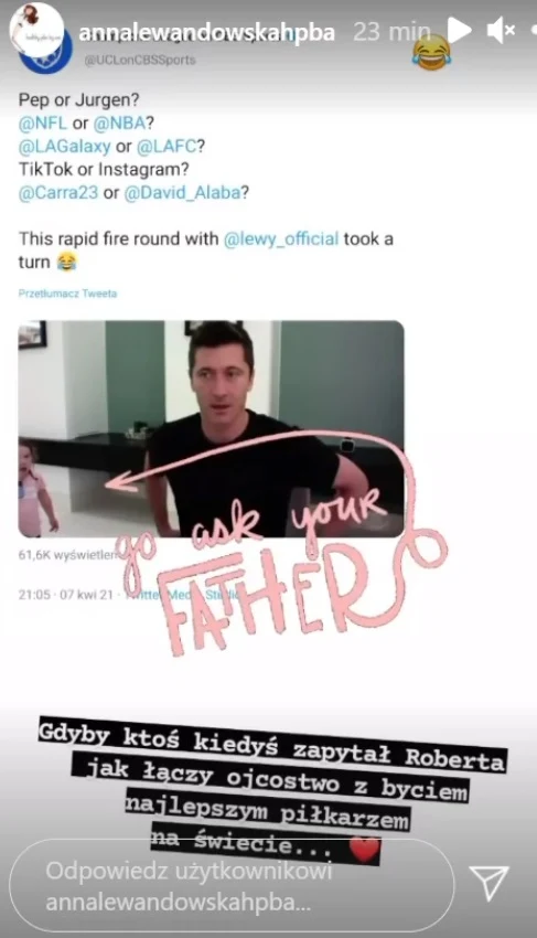 Screenshot z Instagrama @annalewandowskahpb Screenshot z Instagrama @annalewandowskahpb