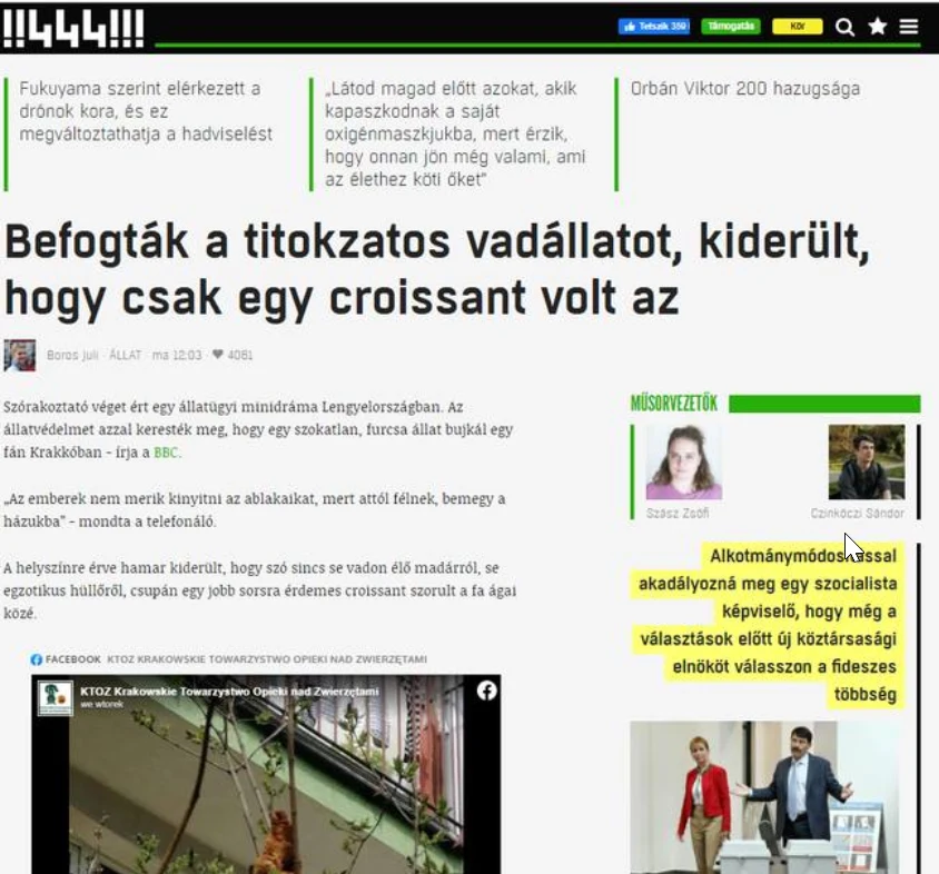 Węgierskie magazyny internetowe również nie powstrzymały się od opublikowania informacji o krakowskim incydencie z lagunem. / 444.hu