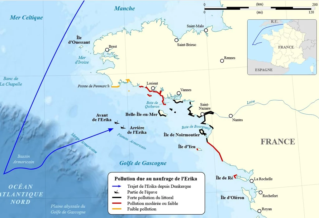 Mapa pokazujaca miejsce katastrofy i skalę zanieczyszczenia środowiska