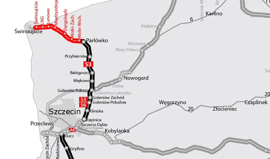 Odcinki czarne to odcinki gotowe, czerwone - w budowie