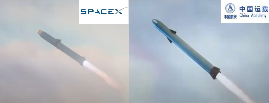 Po lewej rakieta z filmiku SpaceX, po prawej - chiński odpowiednik z materiału wideo (zrzuty ekranu z YouTube'a)