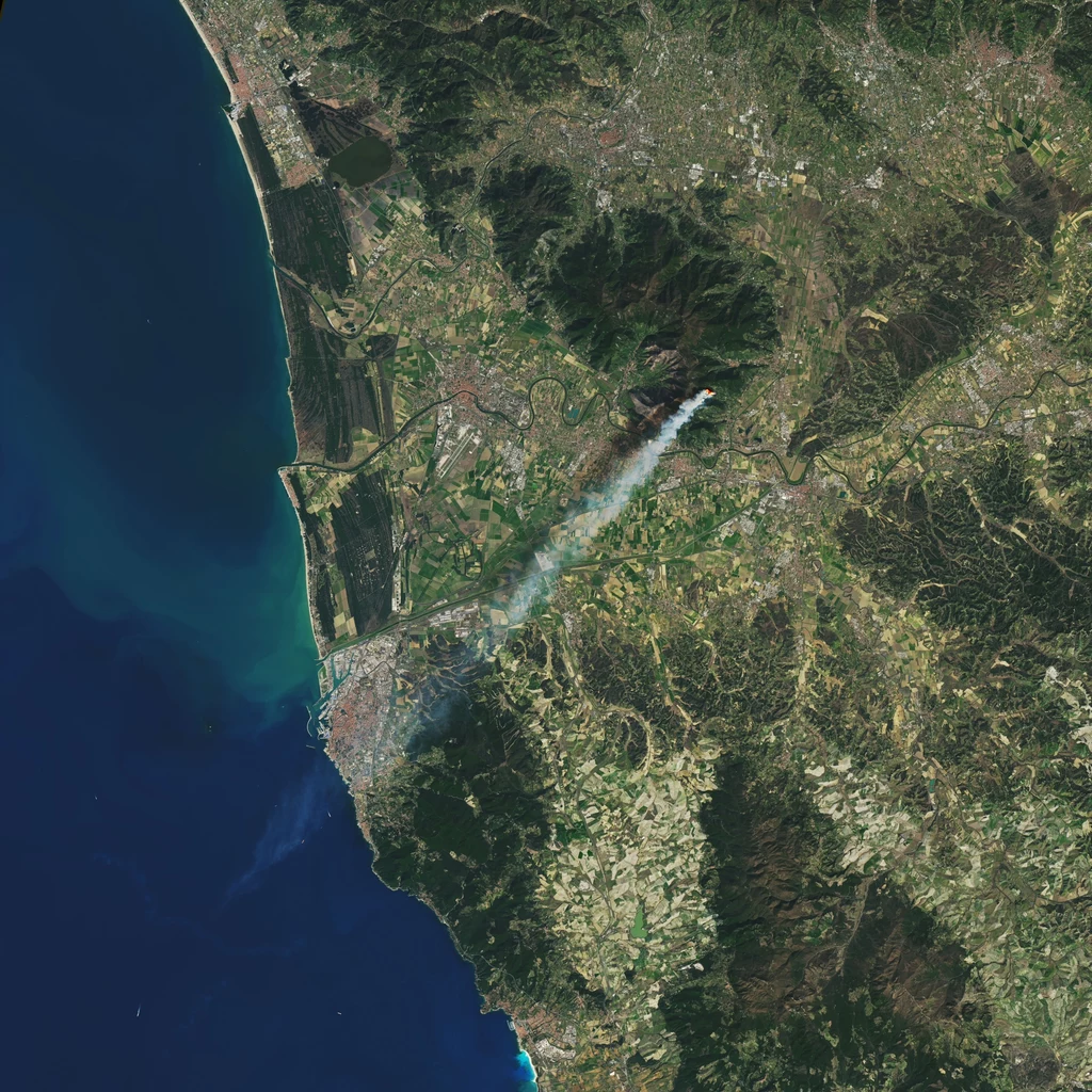 Pożar lasu w północnych Włoszech widziany z satelity, luty 2019 r. 