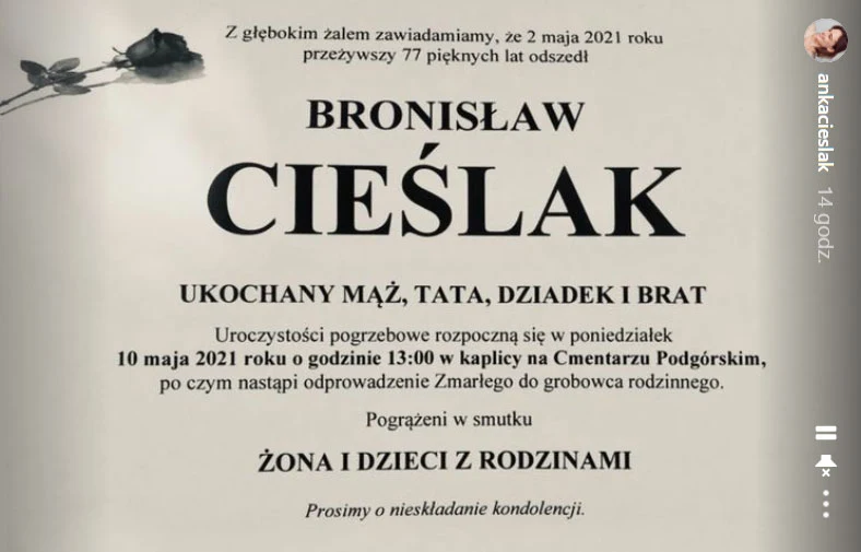 Nekrolog Bronisława Cieślaka na swym Instagramie udostępniła Anna Cieślak, bratanica aktora