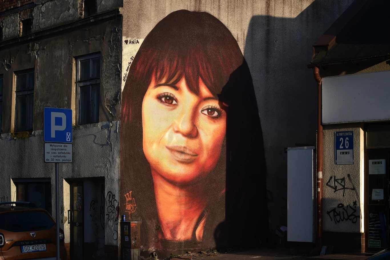 Poprawiony mural z wizerunkiem Anny Przybylskiej autorstwa Piotra Tuse Jaworskiego Poprawiony mural z wizerunkiem Anny Przybylskiej autorstwa Piotra Tuse Jaworskiego