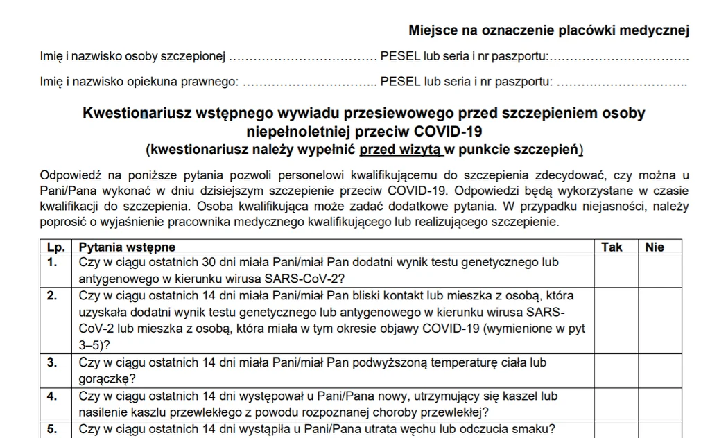 Kwestionariusz wstępnego wywiadu przesiewowego przed szczepieniem osoby niepełnoletniej przeciw COVID-19