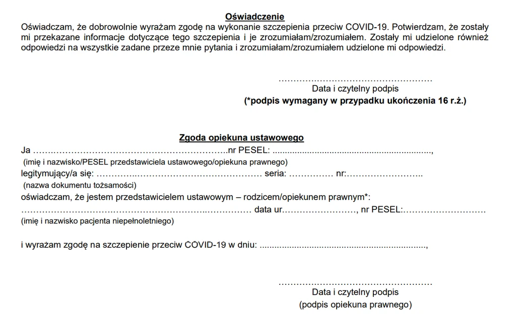 Miejsce na zgodę opiekuna ustawowego w kwestionariuszu szczepień nastolatków