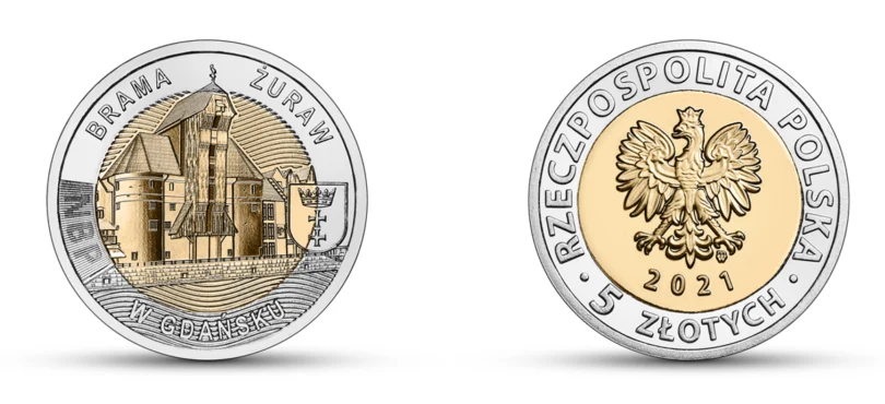 Moneta okolicznościowa NBP: "Odkryj Polskę – Brama Żuraw w Gdańsku", 5 zł, rewers (L) i awers (P)