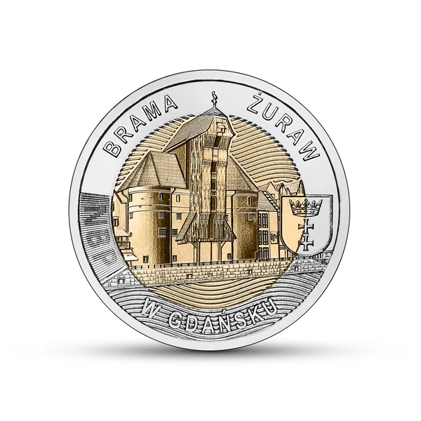 Moneta okolicznościowa NBP: "Odkryj Polskę – Brama Żuraw w Gdańsku", 5 zł, rewers