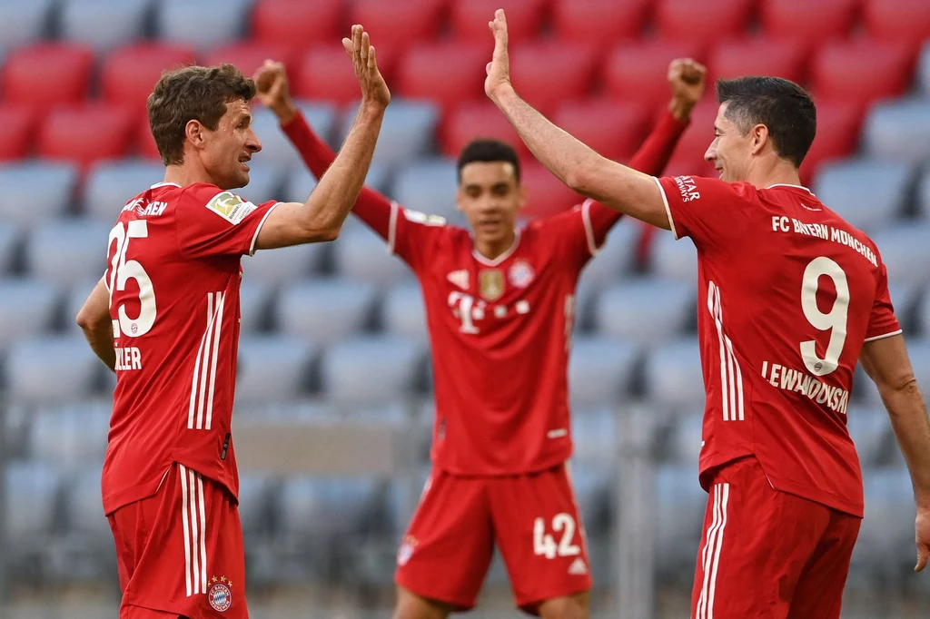 Thomas Mueller, Jamal Musiala i Robert Lewandowski Thomas Mueller, Jamal Musiala i Robert Lewandowski