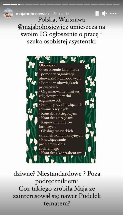 Screen z Instastories Mai Bohosiewicz 