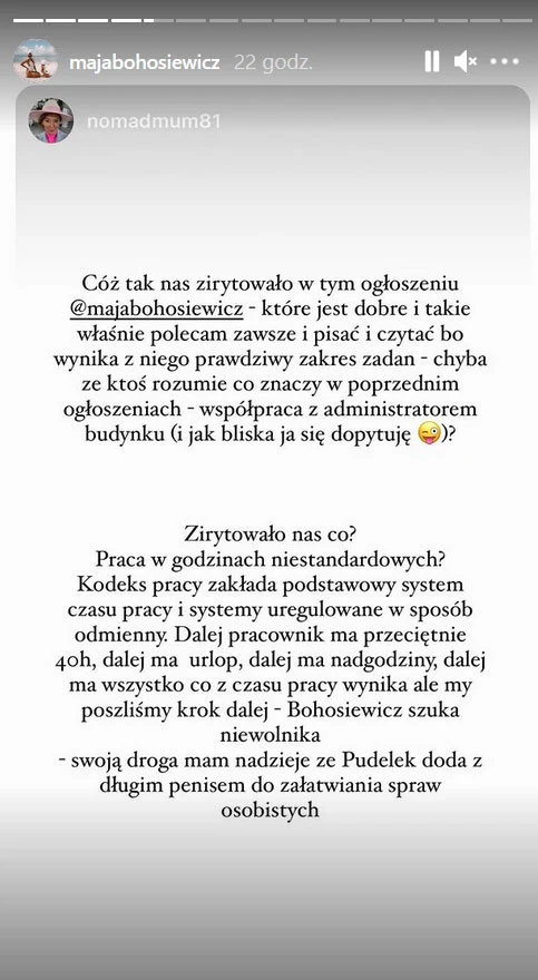 Screen z Instastories Mai Bohosiewicz 