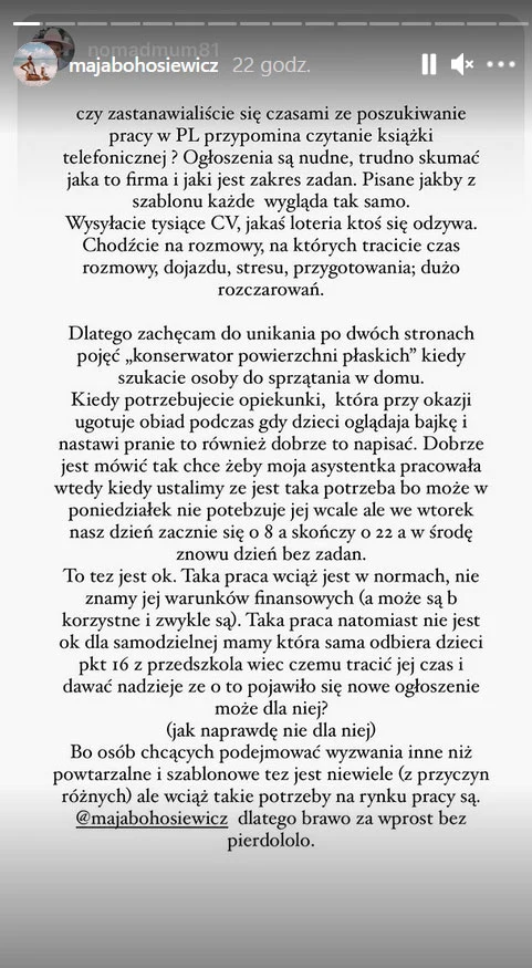 Screen z Instastories Mai Bohosiewicz 