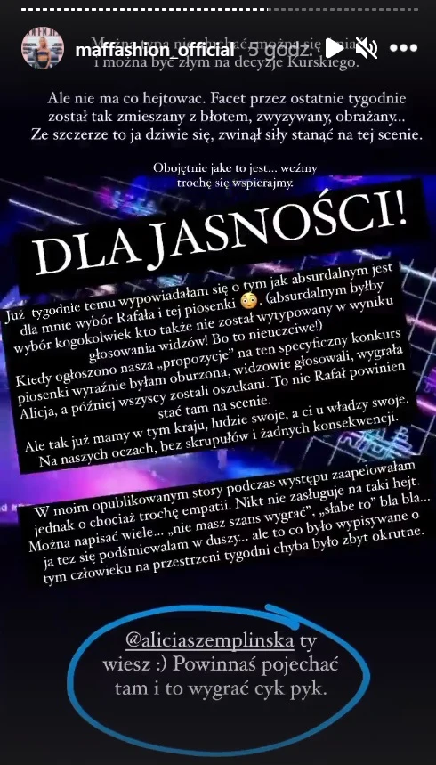 Maffashion tłumaczyła, że nigdy nie popierała wyboru Rafała Brzozowskiego jako reprezentanta Polski fot. https://www.instagram.com/maffashion_official/