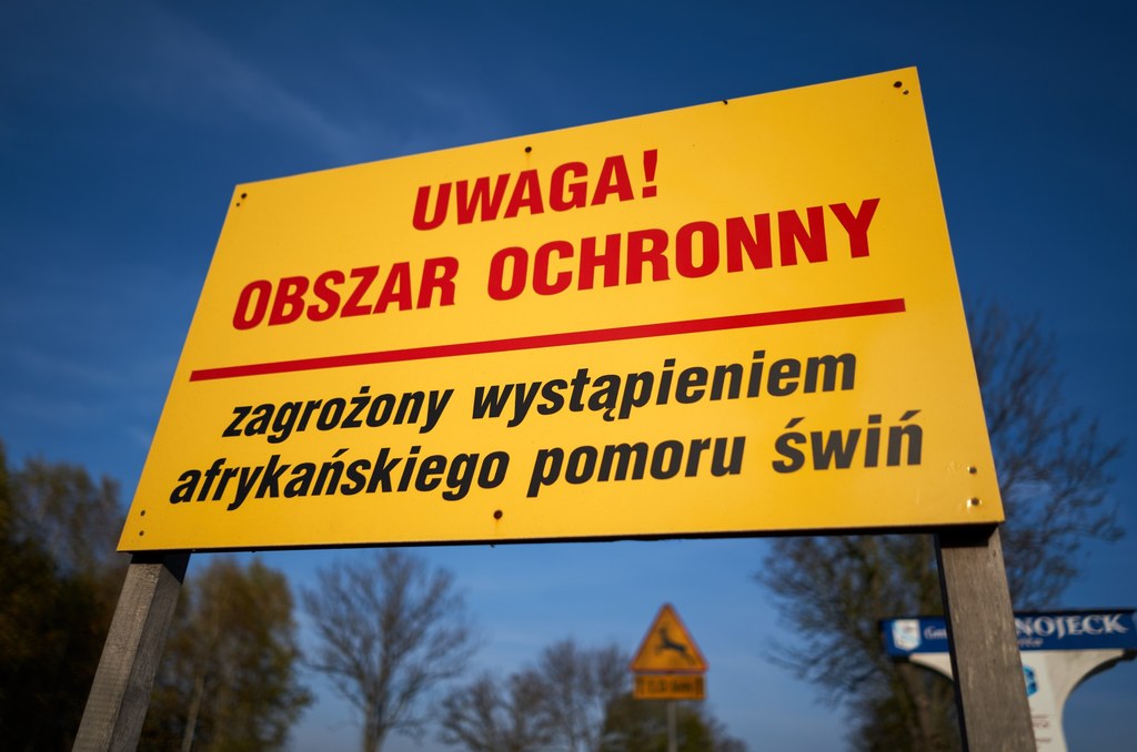 Tablica ostrzegająca przed wirusem ASF na Mazowszu.