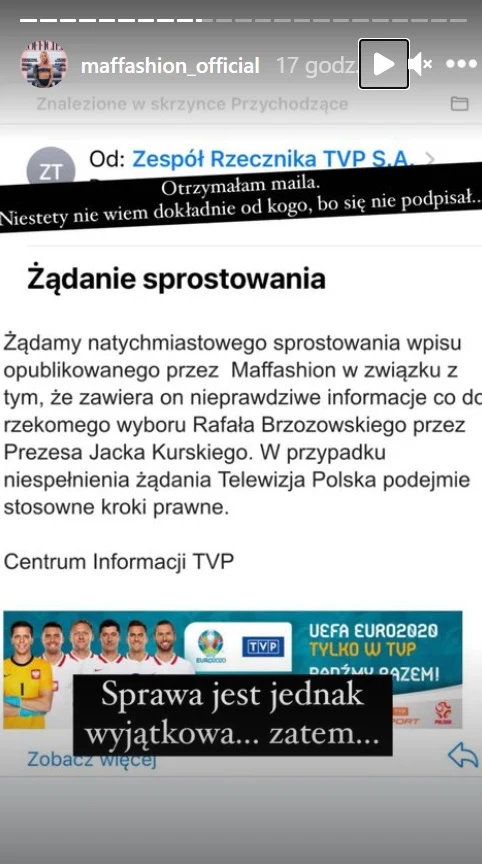 Żądanie sprostowania, które Maffashion otrzymała od TVP fot. https://www.instagram.com/maffashion_official/
