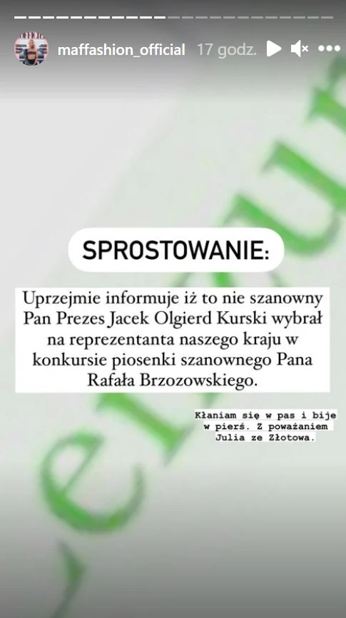 Sprostowanie opublikowane przez Maffashion fot. https://www.instagram.com/maffashion_official/