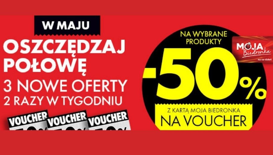 "Oszczędzaj połowę" w Biedronce. Akcja promocyjna sieci Biedronka.