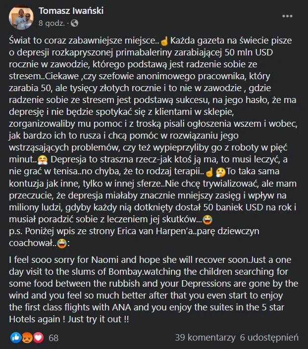 Wpis na facebookowym profilu Tomasza Iwańskiego