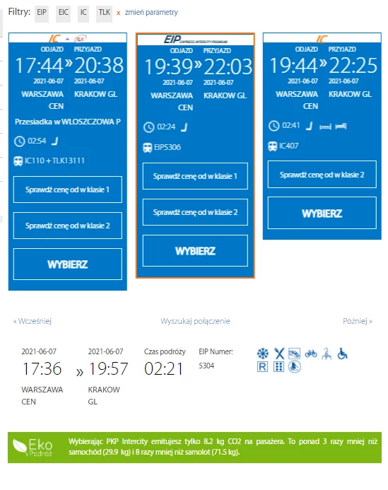 Zrzut ze strony PKP Intercity, informacja o śladzie węglowym znajduje się na dole zdjęcia. 