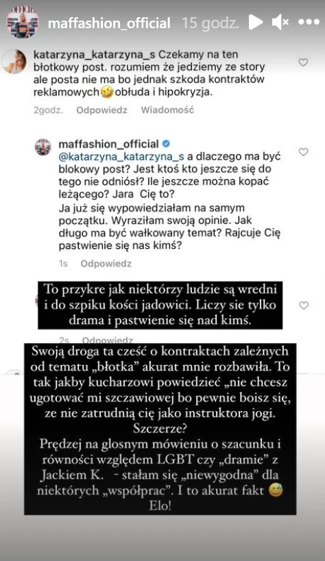 Maffashion zdradziła, że przez konflikt z TVP straciła kontrakty reklamowe fot. https://www.instagram.com/maffashion_official/ Maffashion zdradziła, że przez konflikt z TVP straciła kontrakty reklamowe fot. https://www.instagram.com/maffashion_official/