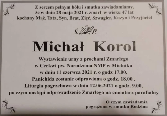 Nekrolog informujący o śmierci Michała Korola