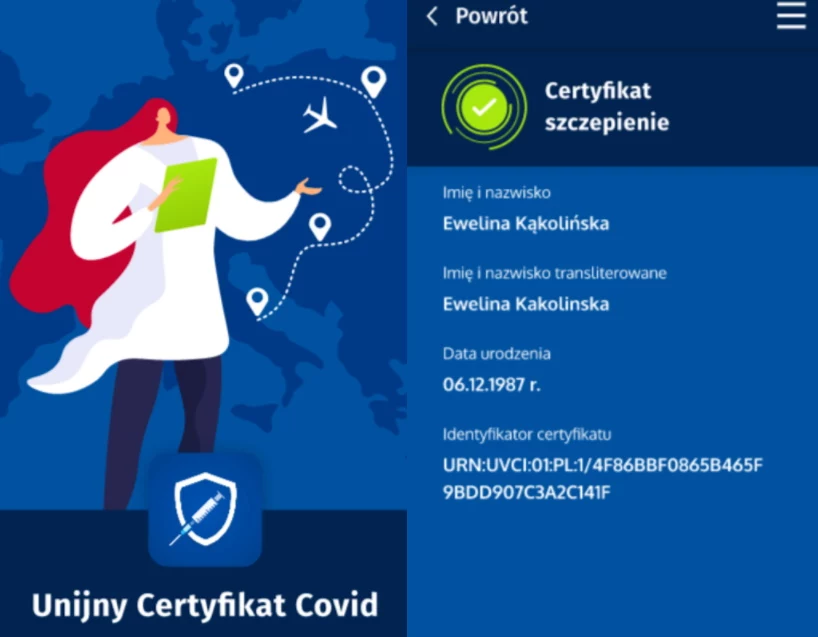 Unijny Certyfikat COVID - zrzuty ekranu z aplikacji w wersji dla systemu Android 