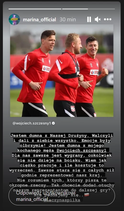 InstaStory Mariny po meczu Polska-Słowacja. / Zdjęcie pochodzi z https://www.instagram.com/marina_official/?hl=pl InstaStory Mariny po meczu Polska-Słowacja. / Zdjęcie pochodzi z https://www.instagram.com/marina_official/?hl=pl