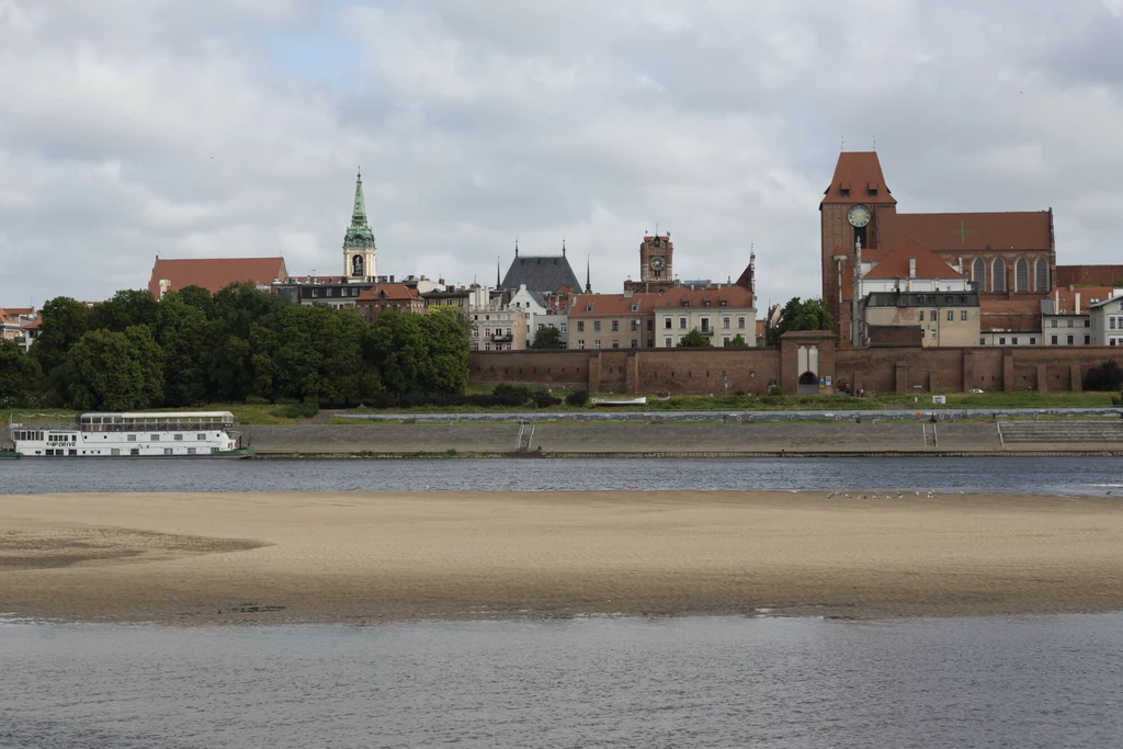 Niski stan wody w Wiśle w Toruniu spowodował pojawienie się wysp na rzece.