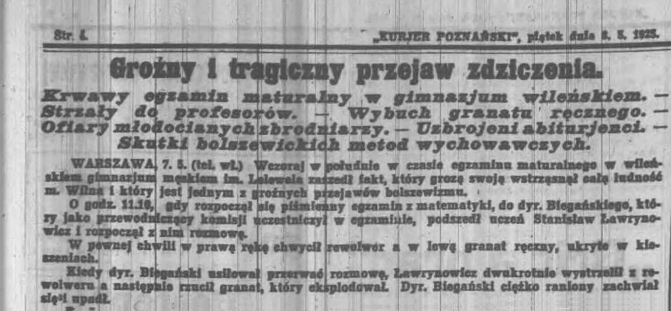 Informacja z gazety „Kurjer Poznański” na temat masakry w szkole Lelewela w Wilnie.