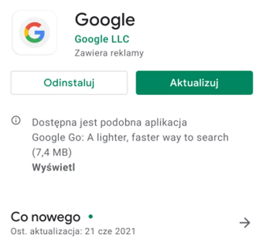 Google - aplikacja, która prawdopodobnie przyczyniła się do wszystkich problemów. Zrzut ekranu