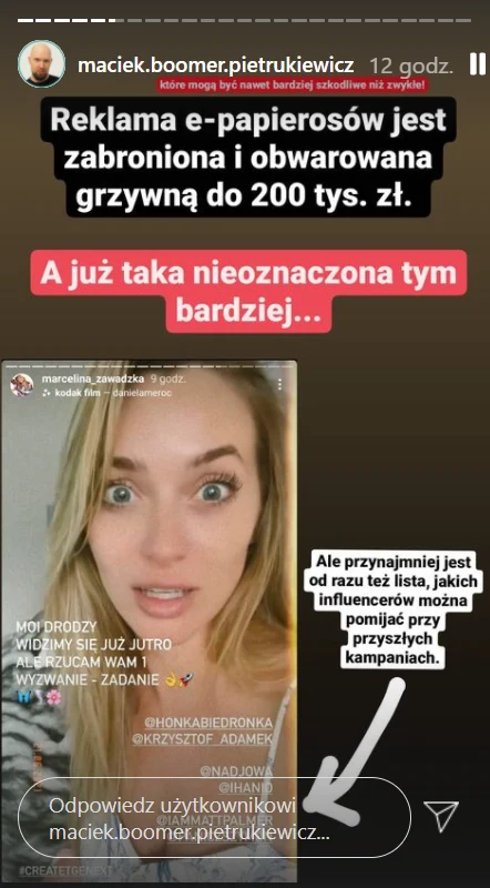 Marketingowiec skomentował post Zawadzkiej, https://www.instagram.com/maciek.boomer.pietrukiewicz/