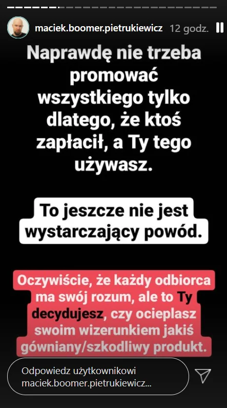 Marketingowiec skomentował post Zawadzkiej, https://www.instagram.com/maciek.boomer.pietrukiewicz/
