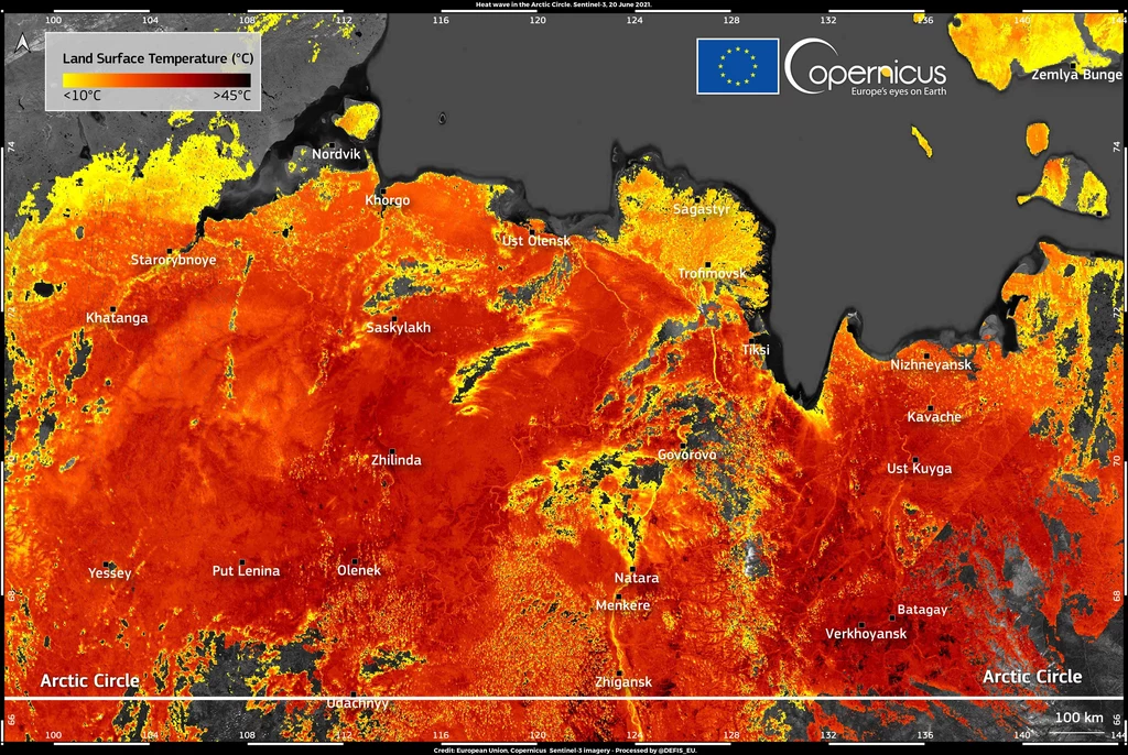 Na Syberii odnotowano ekstremalne temperatury. Fot. Copernicus Sentinel-3