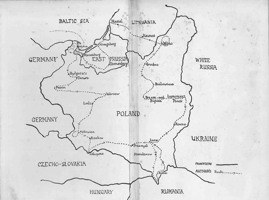 Oryginalna autorska wersja mapy z podróży Bernarda Newmana po Polsce