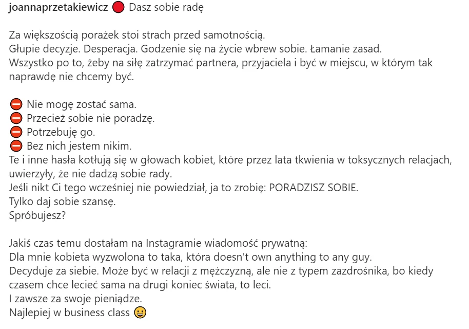Joanna Przetakiewicz motywuje fanki do niezależności, https://www.instagram.com/joannaprzetakiewicz/