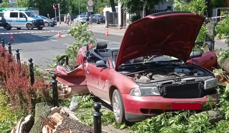 Drzewo spadło na Audi A4. Pasażerki zostały ranne, by je uwolnić, musieli interweniować strażacy